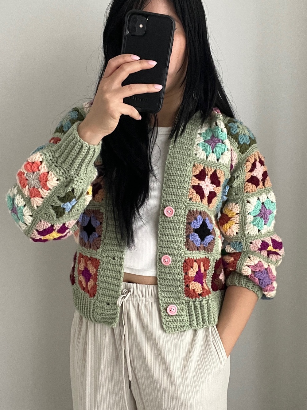 Handmade Green Crochet Granny Square Cardigan